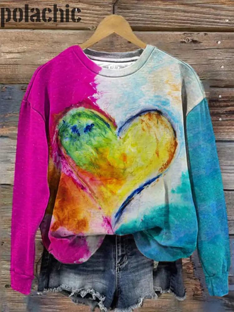 Peinture À L’huile De Couleur Contrastante Love Imprimé Col Rond Pull Loose Sweat Manches