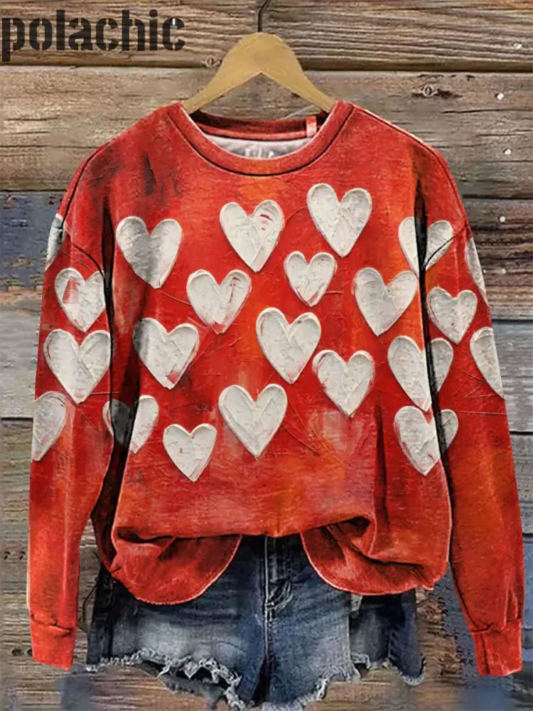 Peinture À L’huile De Full Love Valentine Imprimé Col Rond Pull Lâche Manches Longues