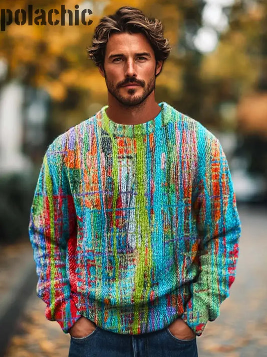 Personnalité De La Mode Des Hommes Ligne Irrégulière Art Impression Manches Longues Ras Du Cou