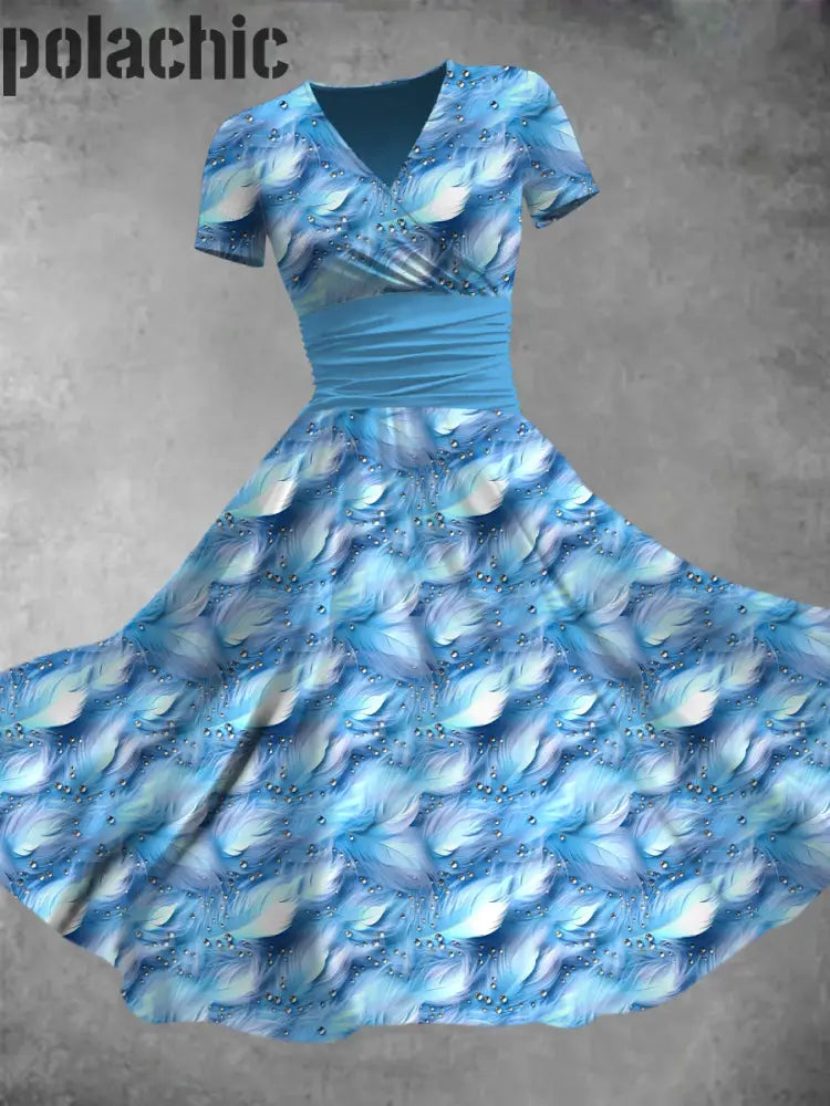 Plume De Cristal Bleu Imprimé Col En V Manches Courtes Robe Mode Midi A / S