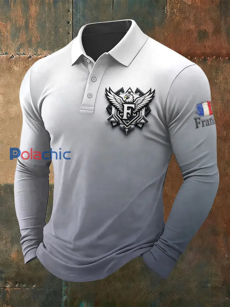 Polo à manches longues imprimé French Initial F Design pour homme Gris / S