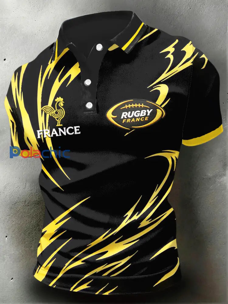 Polo décontracté classique à imprimé de rugby français noir et jaune pour homme Noir / S