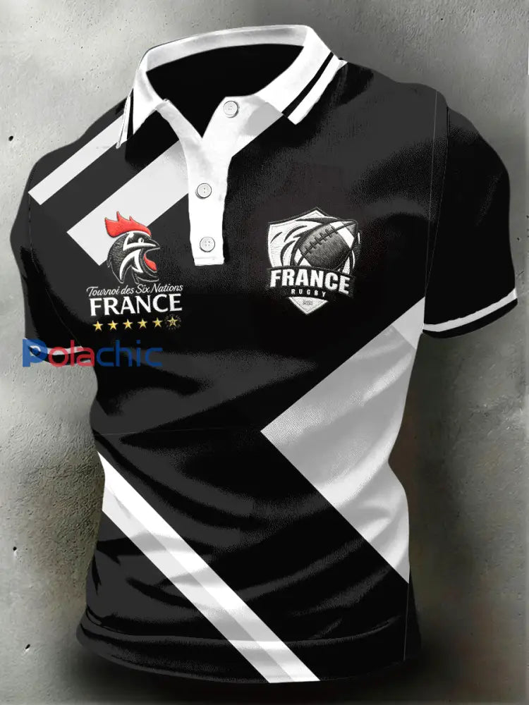 Polo décontracté noir à imprimé de rugby coq français pour hommes Noir / S