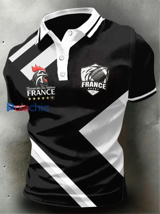Polo décontracté noir à imprimé de rugby coq français pour hommes Noir / S
