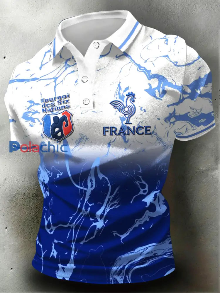 Polo en jersey décontracté imprimé dégradé bleu de rugby coq français pour homme Bleu / S