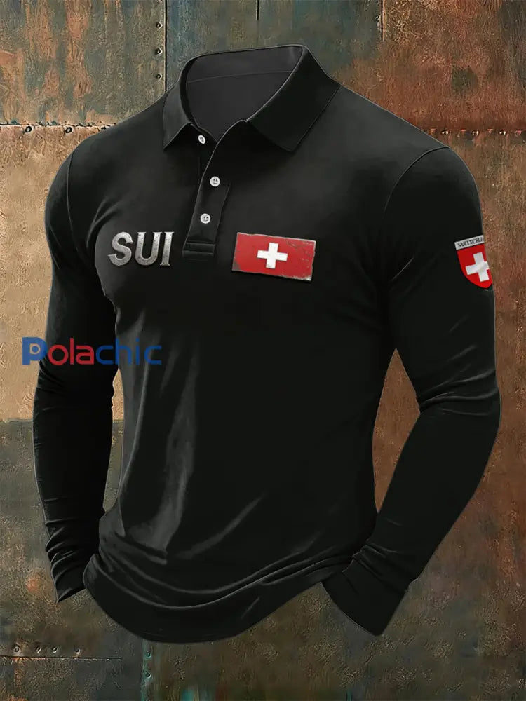 Polo Homme Noir Imprimé Drapeau Suisse À Manches Longues Noir / S