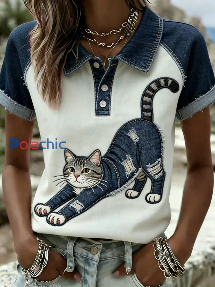 Polo patchwork en denim pour femmes Retro Cute Cat Blanc / S