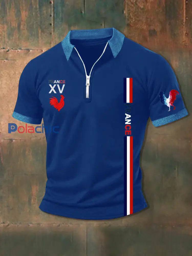 Polo zippé à manches courtes France XV Le Coq Gaulois Homme Bleu / S