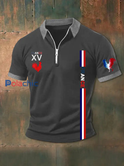 Polo zippé à manches courtes France XV Le Coq Gaulois Homme Gris / S