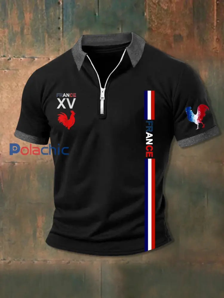 Polo zippé à manches courtes France XV Le Coq Gaulois Homme Noir / S