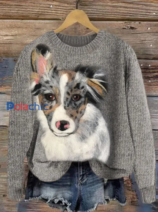 Pretty Australian Shepherd Dog Felt Pull confortable en tricot pour femmes Gris / S