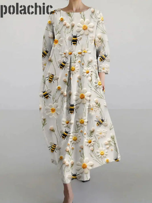 Printemps Abeille Fleur Imprimé Casual Col Ras Du Cou Manches Longues Maxi Robe A / S