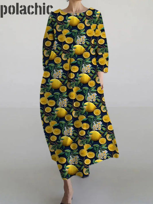 Printemps Lemon Tree Imprimé Casual Ras Du Cou Manches Longues Maxi Dress A / S