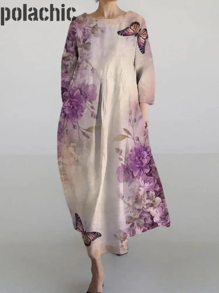 Printemps Rétro Fleur Pourpre Imprimé Casual Col Ras Du Cou Manches Longues Maxi Robe A / S