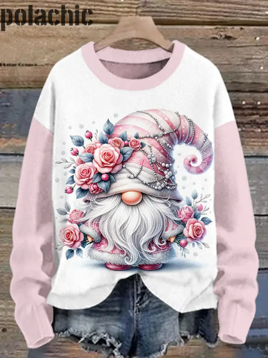 Printemps Rose Gnome Imprimé Col Rond Casual Manches Longues Sweatshirt A / S