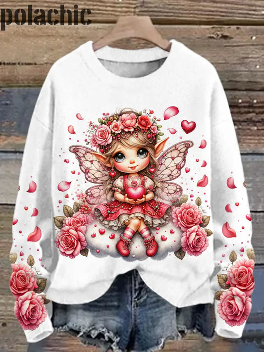 Printemps Rose Pétale Fleur Fée Imprimé Col Rond Casual Manches Longues Sweatshirt A / S