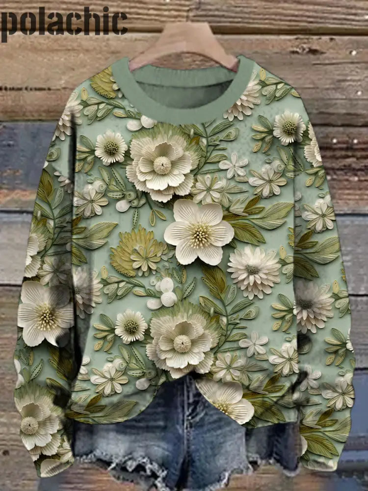 Printemps Vert Clair Fleurs Imprimé Col Rond Casual Sweat À Manches Longues A / S