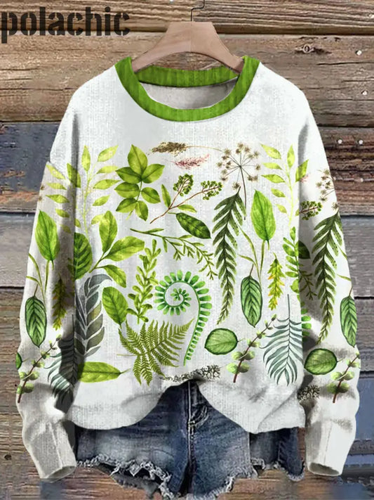 Printemps Vert Plantes Imprimé Col Rond Pull Lâche À Manches Longues Sweatshirt A / S