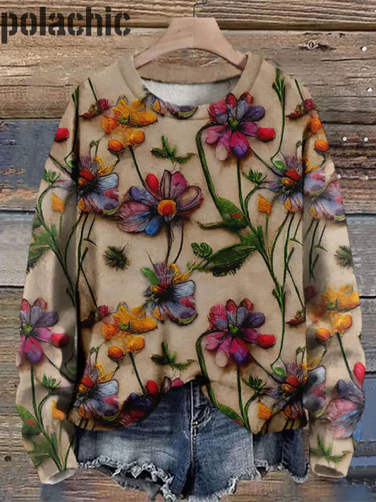 Printemps Vintage Fleurs Imprimé Col Rond Pull Loose Sweat-Shirt À Manches Longues A / S