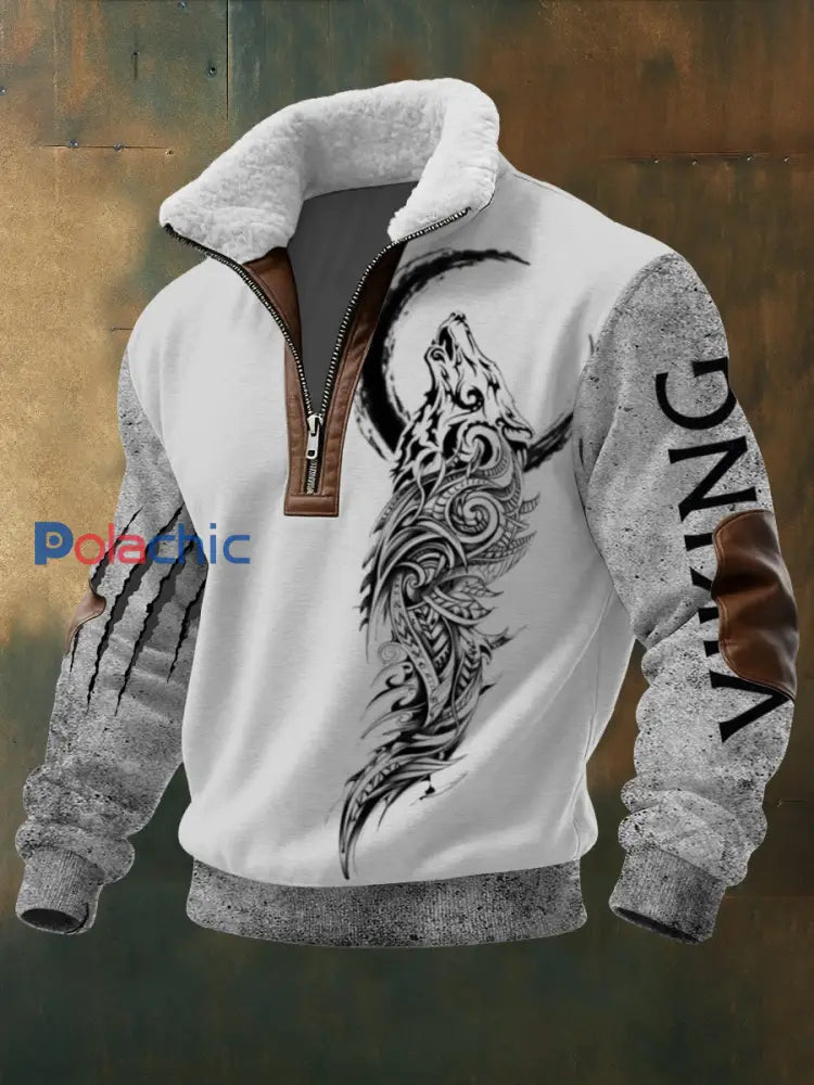 Pull à capuche à col en sherpa pour homme Tribal Wolf & Viking Print Multicolore / S