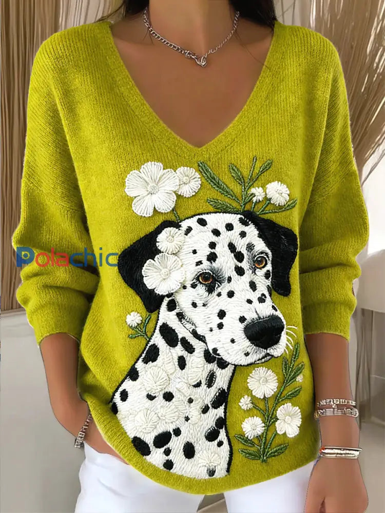 Pull à capuche à col en V pour femme à imprimé chien tacheté vert Vert / S