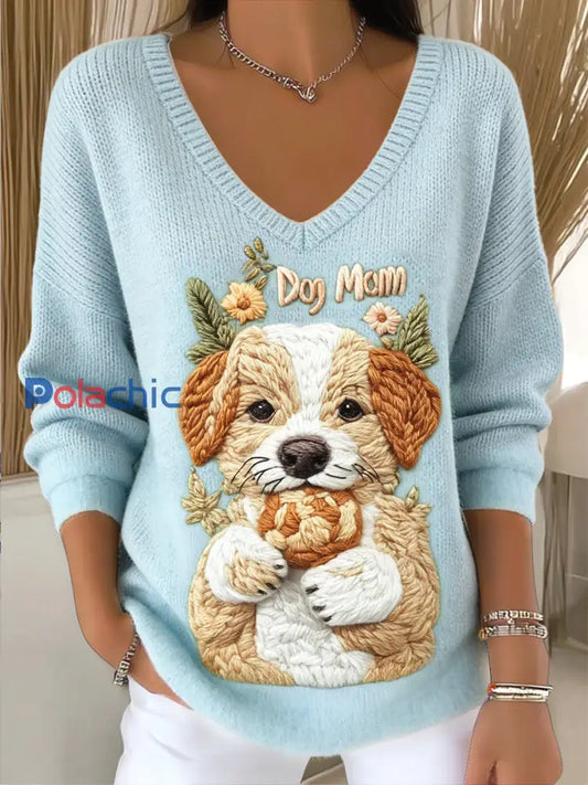 Pull à capuche à col en V pour femmes bleu mignon chien imprimé Bleu / S