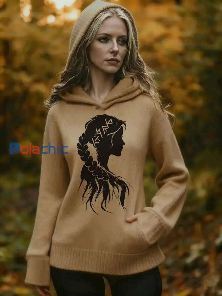 Pull à capuche élégant Viking Tresse Silhouette Imprimer des femmes Multicolore / S