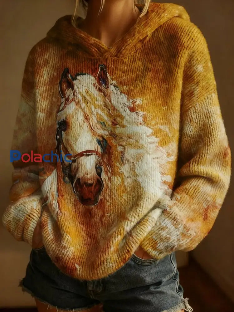 Pull à capuche Retro Horse Art Print Femme comme image / S