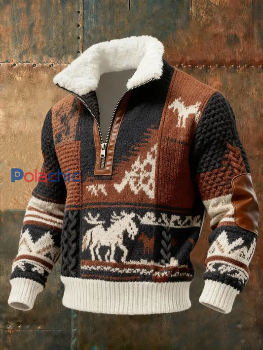 Pull à col en fourrure décontracté imprimé rétro tricoté pour hommes Marron / S