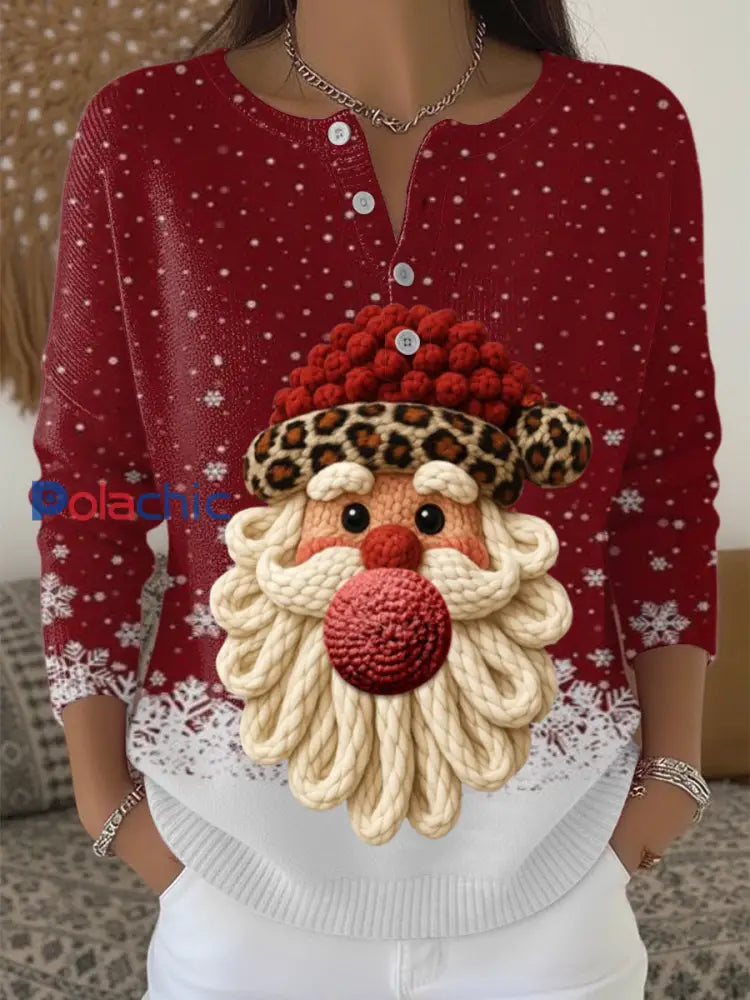 Pull à col Henley Festive Tricoté Père Noël Imprimé Femme Multicolore / S