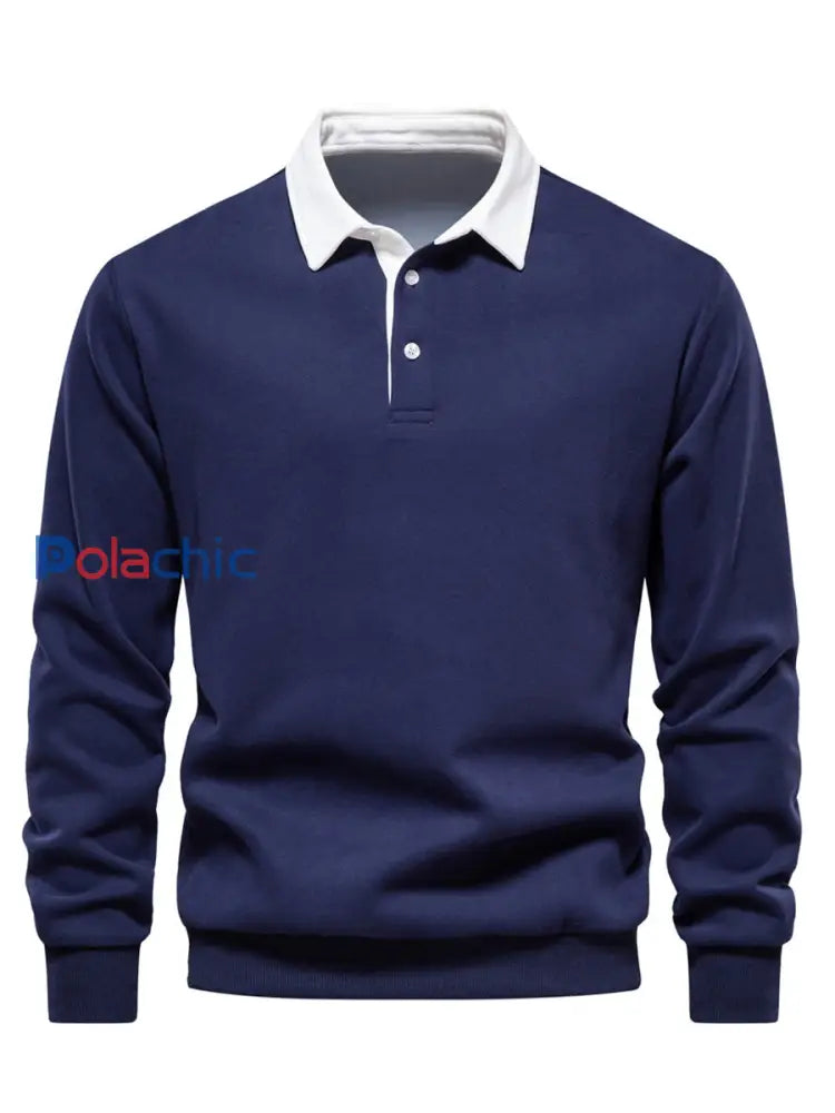 Pull à col polo décontracté de couleur unie pour hommes bleu marine / S