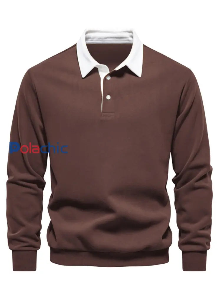 Pull à col polo décontracté de couleur unie pour hommes brun / S
