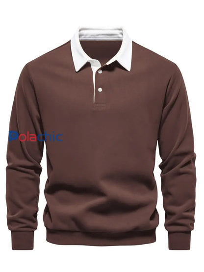 Pull à col polo décontracté de couleur unie pour hommes brun / S