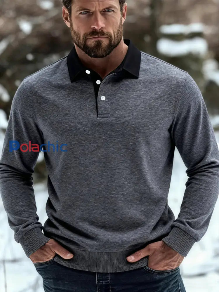 Pull à col polo décontracté de couleur unie pour hommes gris foncé / S
