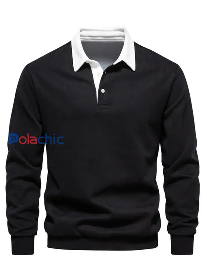 Pull à col polo décontracté de couleur unie pour hommes noir / S