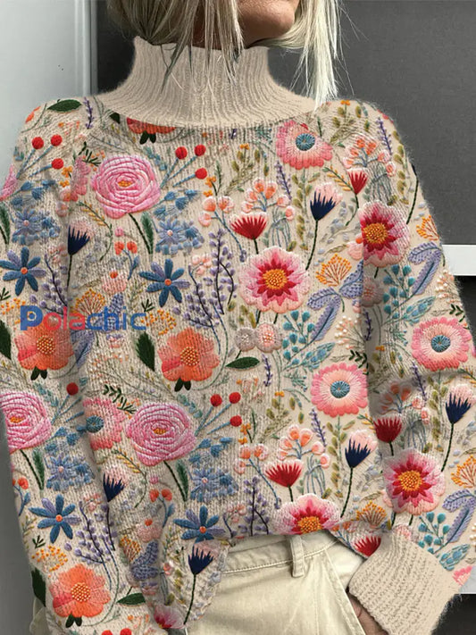 Pull à col roulé en tricot floral rose pour femme comme image / S