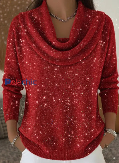 Pull à col roulé imprimé brillant de Noël pour femmes Rouge / S