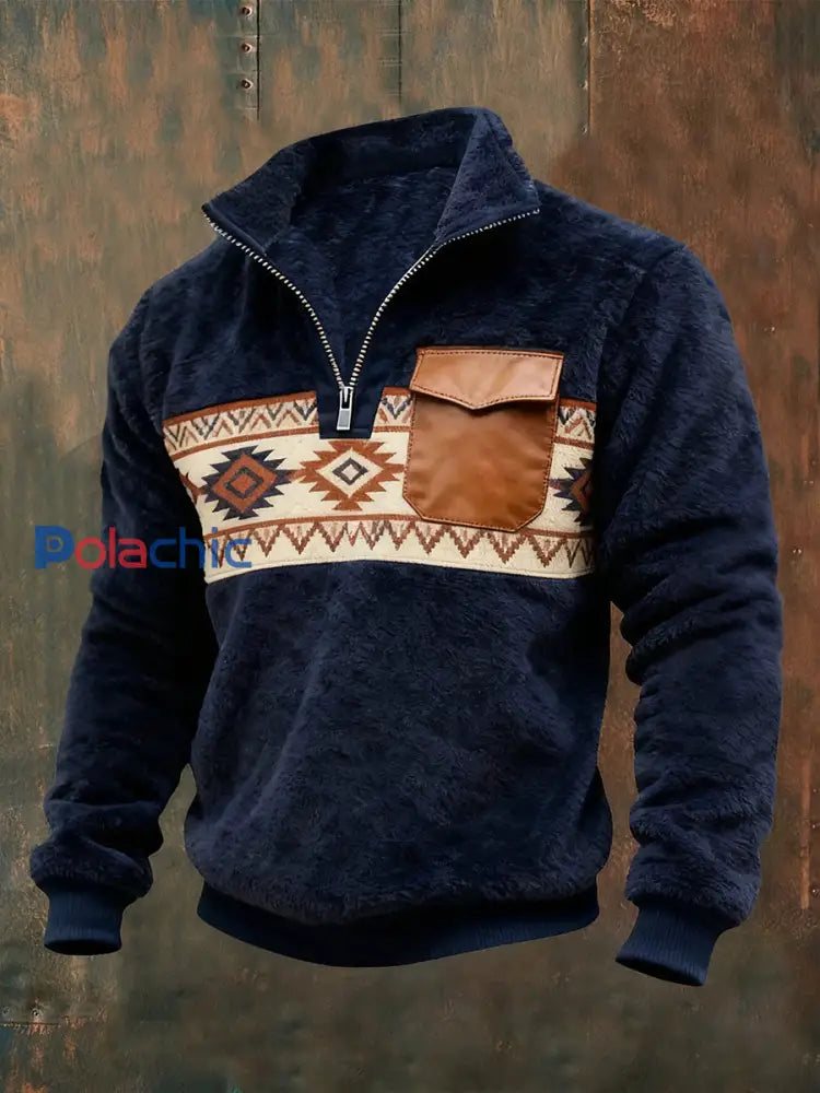 Pull à fermeture éclair en flanelle pour hommes Bleu Marine / S