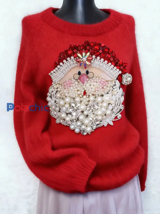 Pull à manches longues pour femmes Vintage Christmas Santa Claus Pearl Diamond Art Print Rouge / S