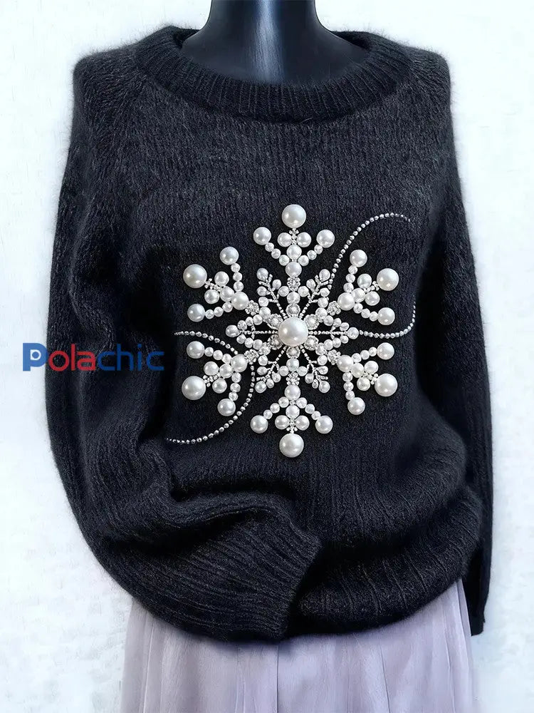 Pull à manches longues rétro femme Noël flocon de neige perle Noir / S