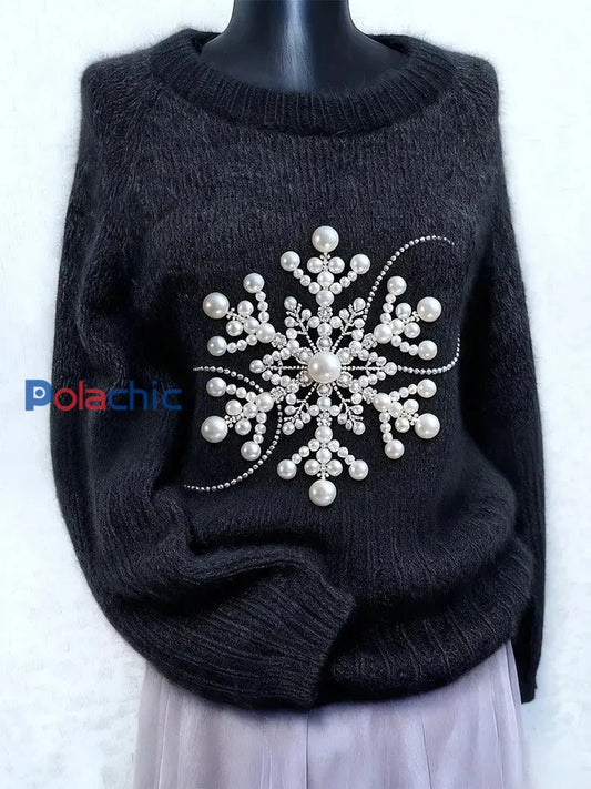 Pull à manches longues rétro femme Noël flocon de neige perle Noir / S