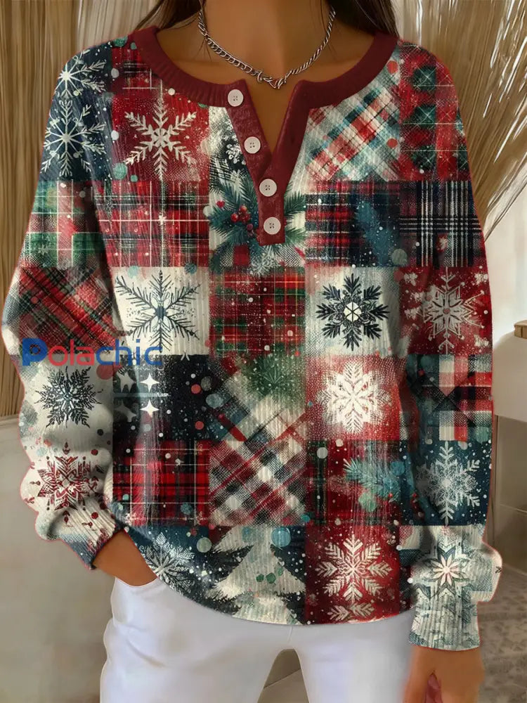 Pull à manches longues vintage imprimé à carreaux pour femmes Rouge / S