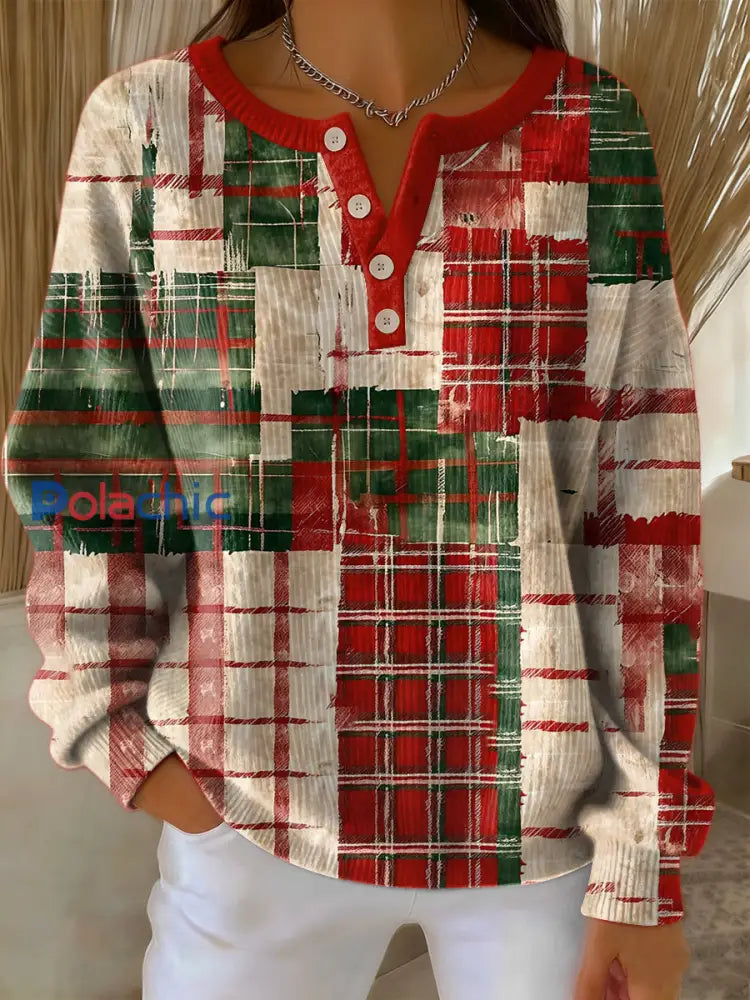 Pull à manches longues vintage imprimé à carreaux pour femmes Rouge / S