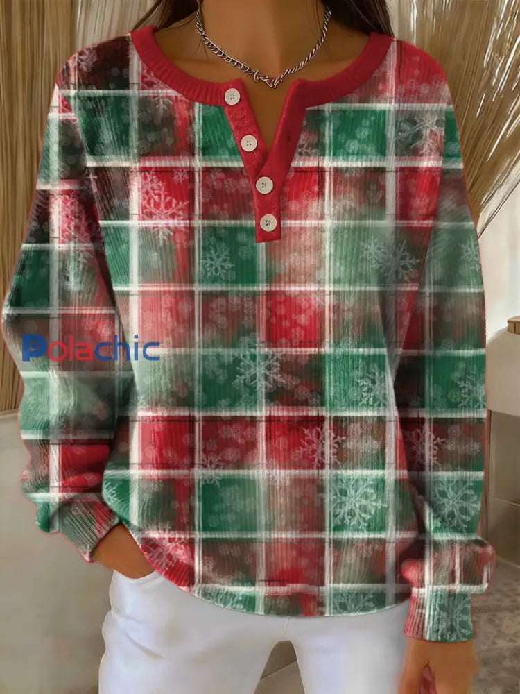 Pull à manches longues vintage imprimé à carreaux pour femmes Rouge / S