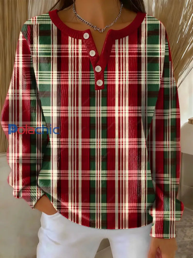 Pull à manches longues vintage imprimé à carreaux pour femmes Rouge / S