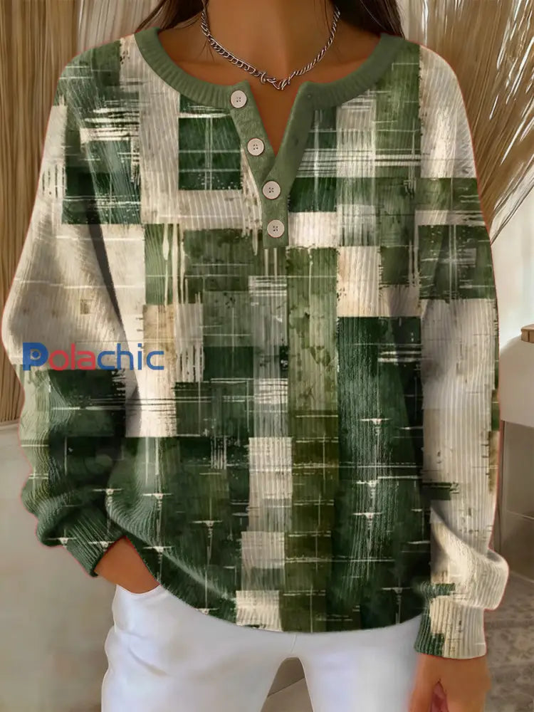 Pull à manches longues vintage imprimé à carreaux pour femmes Vert / S
