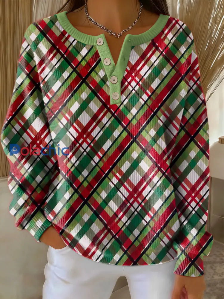 Pull à manches longues vintage imprimé à carreaux pour femmes Vert / S