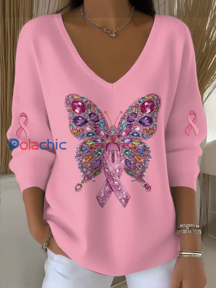 Pull col en V en tricot imprimé papillon cancer du sein pour femmes Rose / S