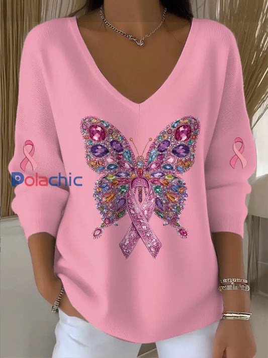 Pull col en V en tricot imprimé papillon cancer du sein pour femmes Rose / S