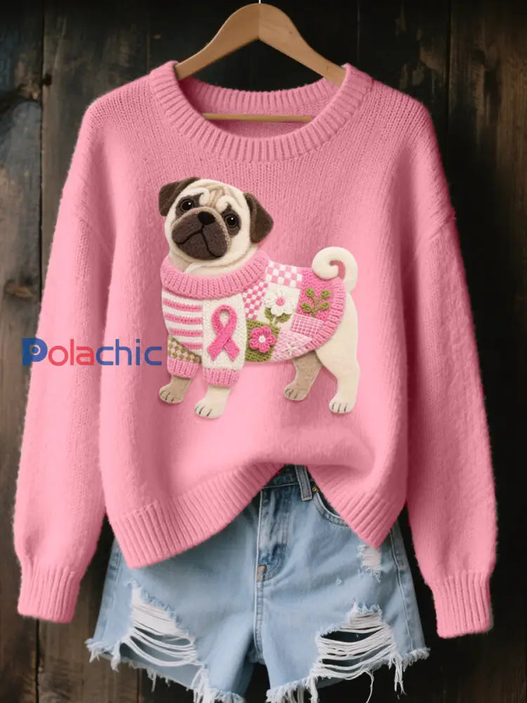 Pull confortable en tricot à motif de carlin en feutre pour femme Rose / S